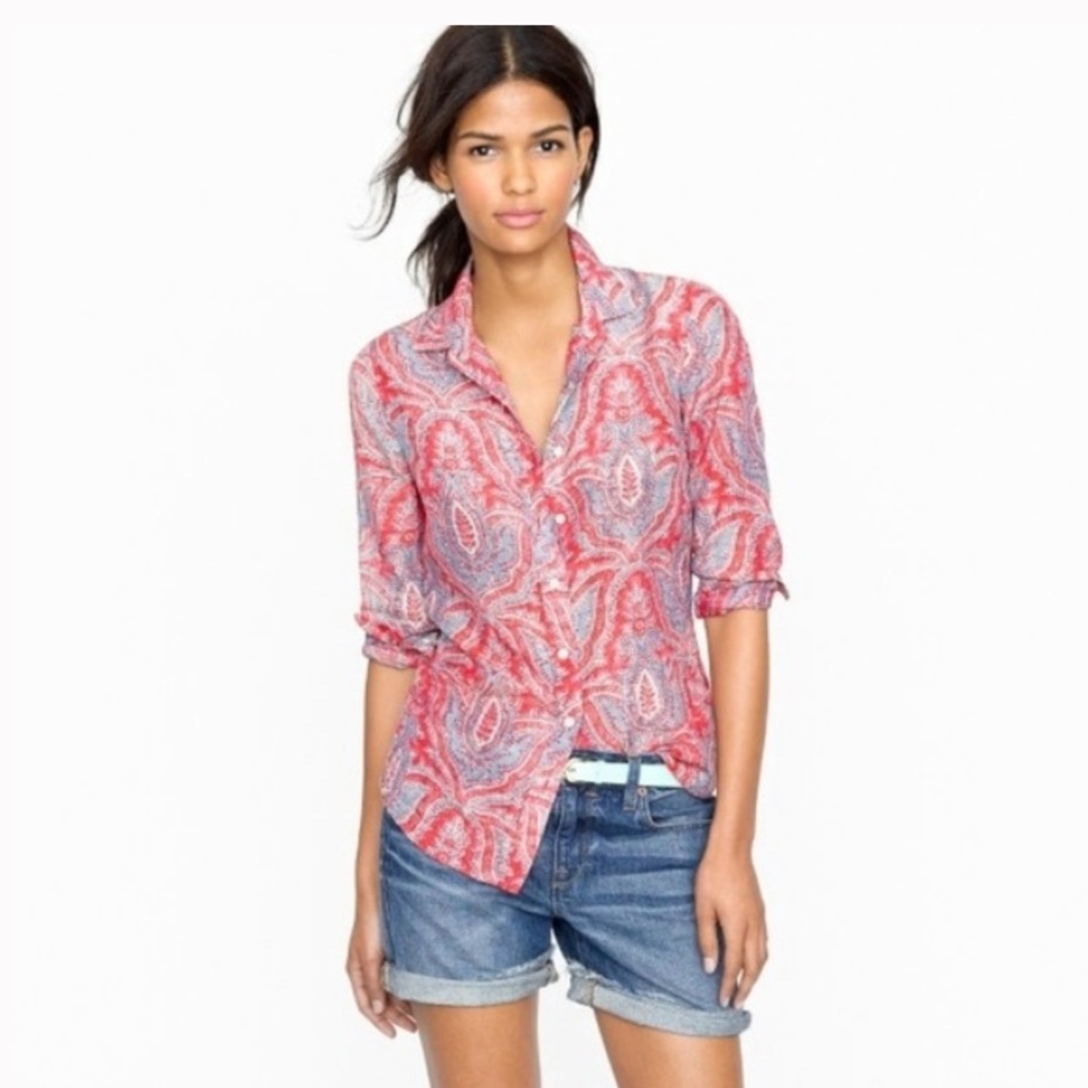 J. Crew Perfect Shirt Red Raj Paisley Silk Blend 8